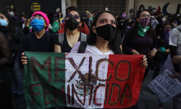 Mexican feminist activists protesting at the human rights commission building in Mexico City, Mexico.